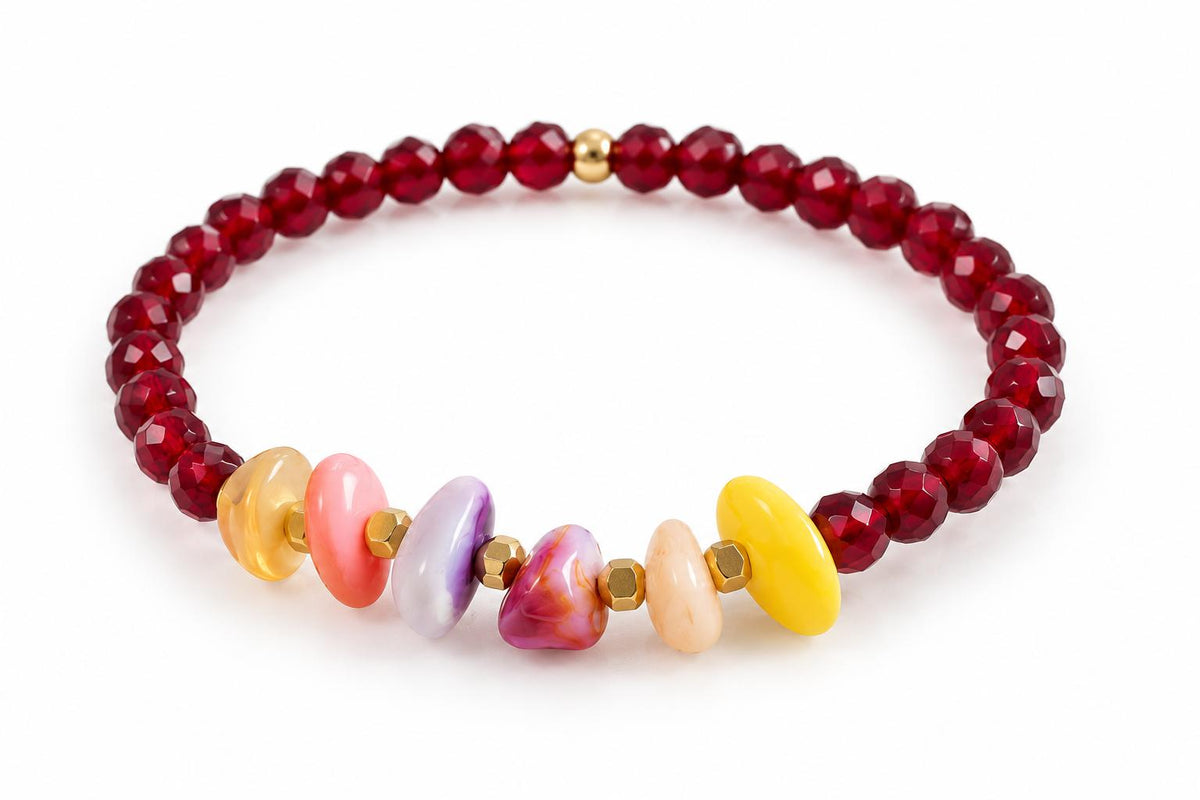 Granat Armband mit bunten Muschelperlen und Hämatit