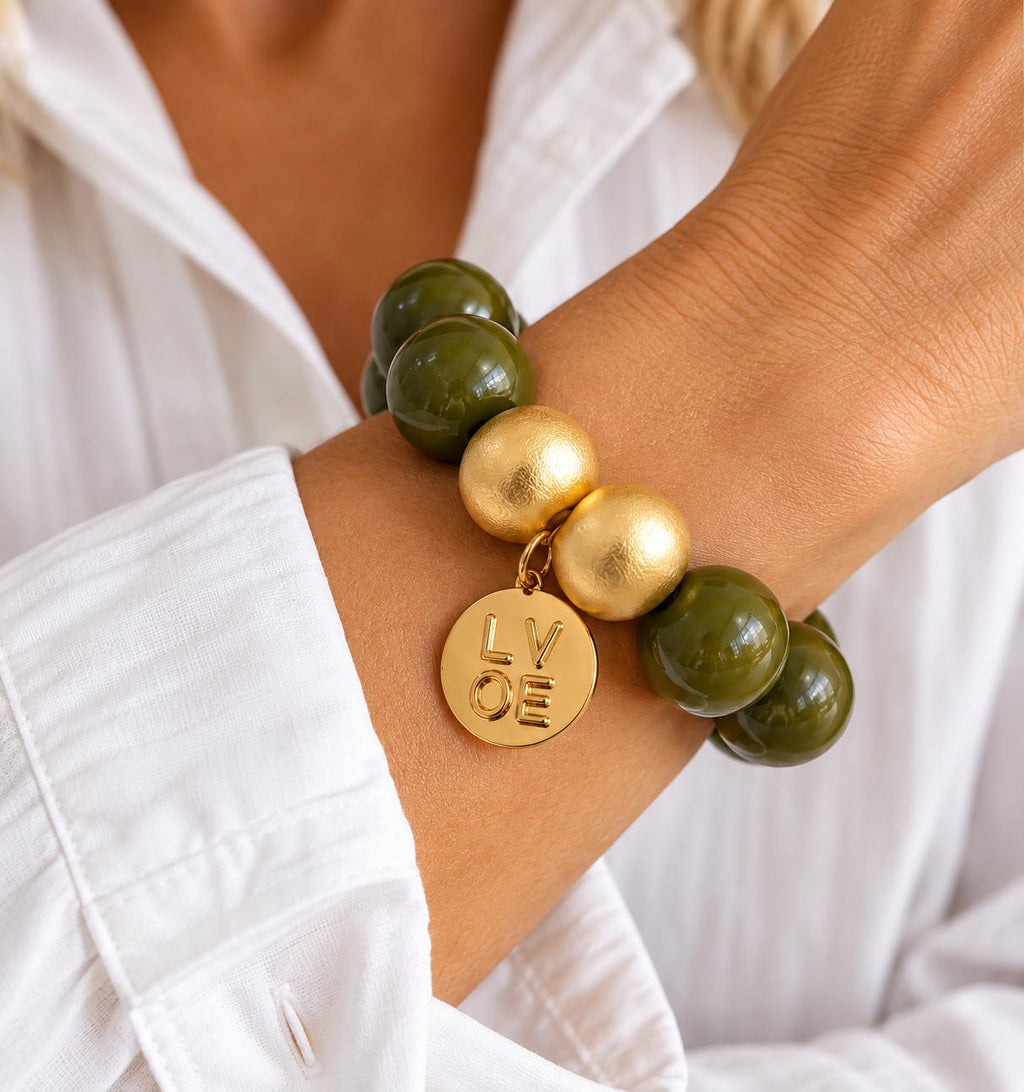 Statement Armband Olive & Gold mit LOVE-Anhänger