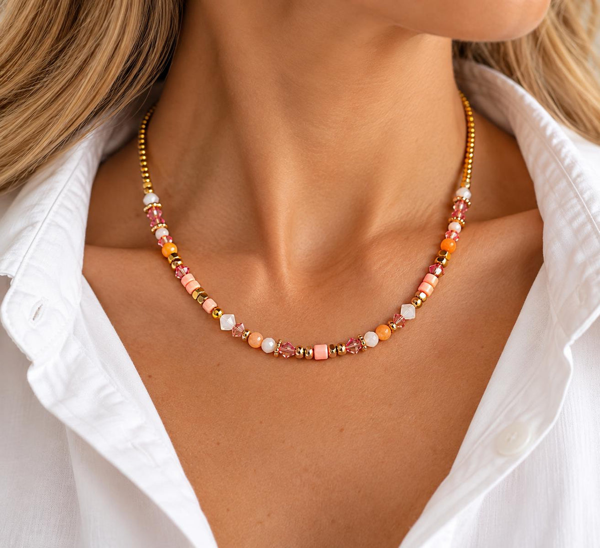 Kette Rosé & Gold – Koralle, Achat, Swarovski & Hämatit